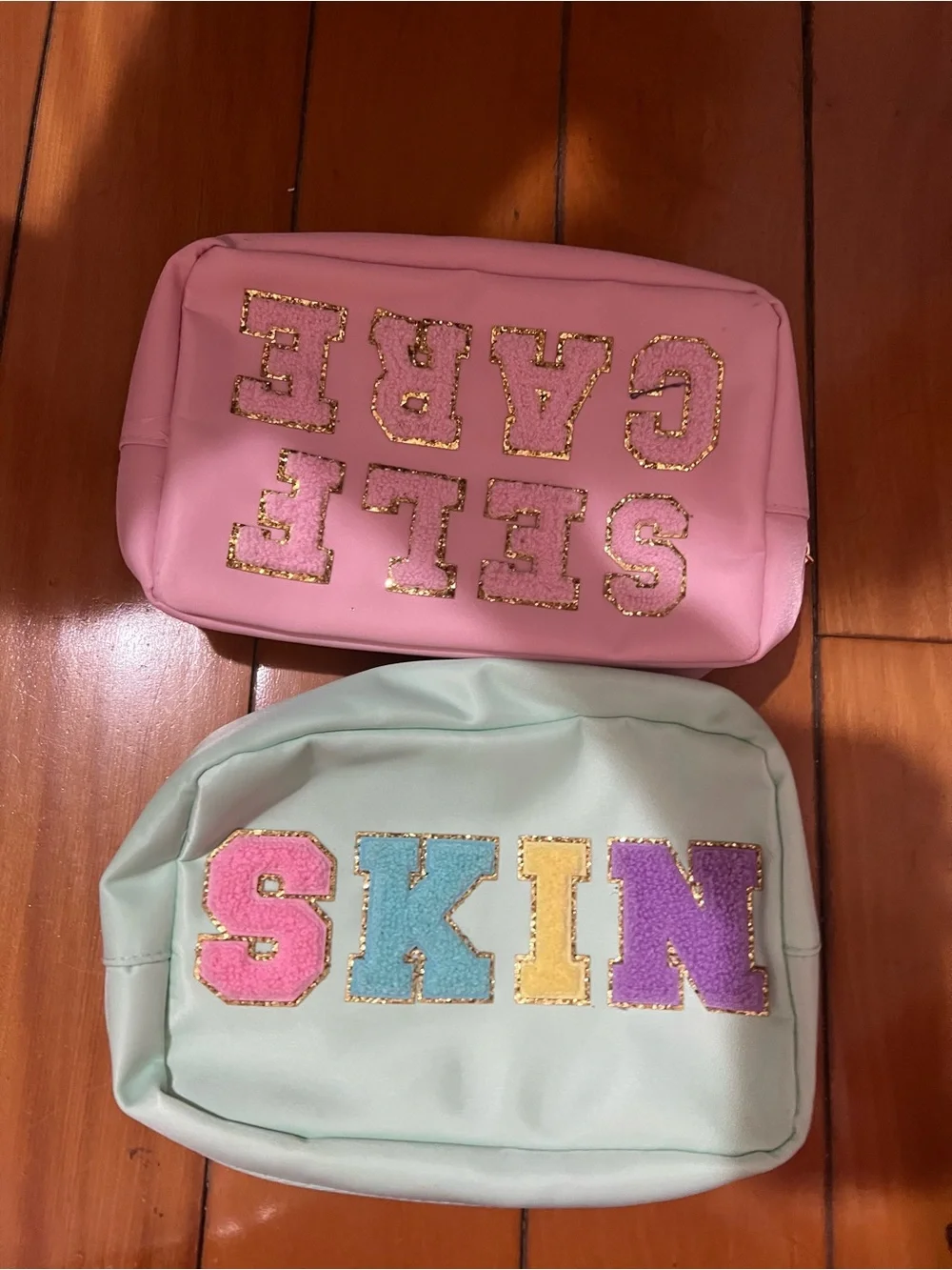 Pink 'SELF CARE' Cosmetic Pouch & Mint 'SKIN' Bag Duo